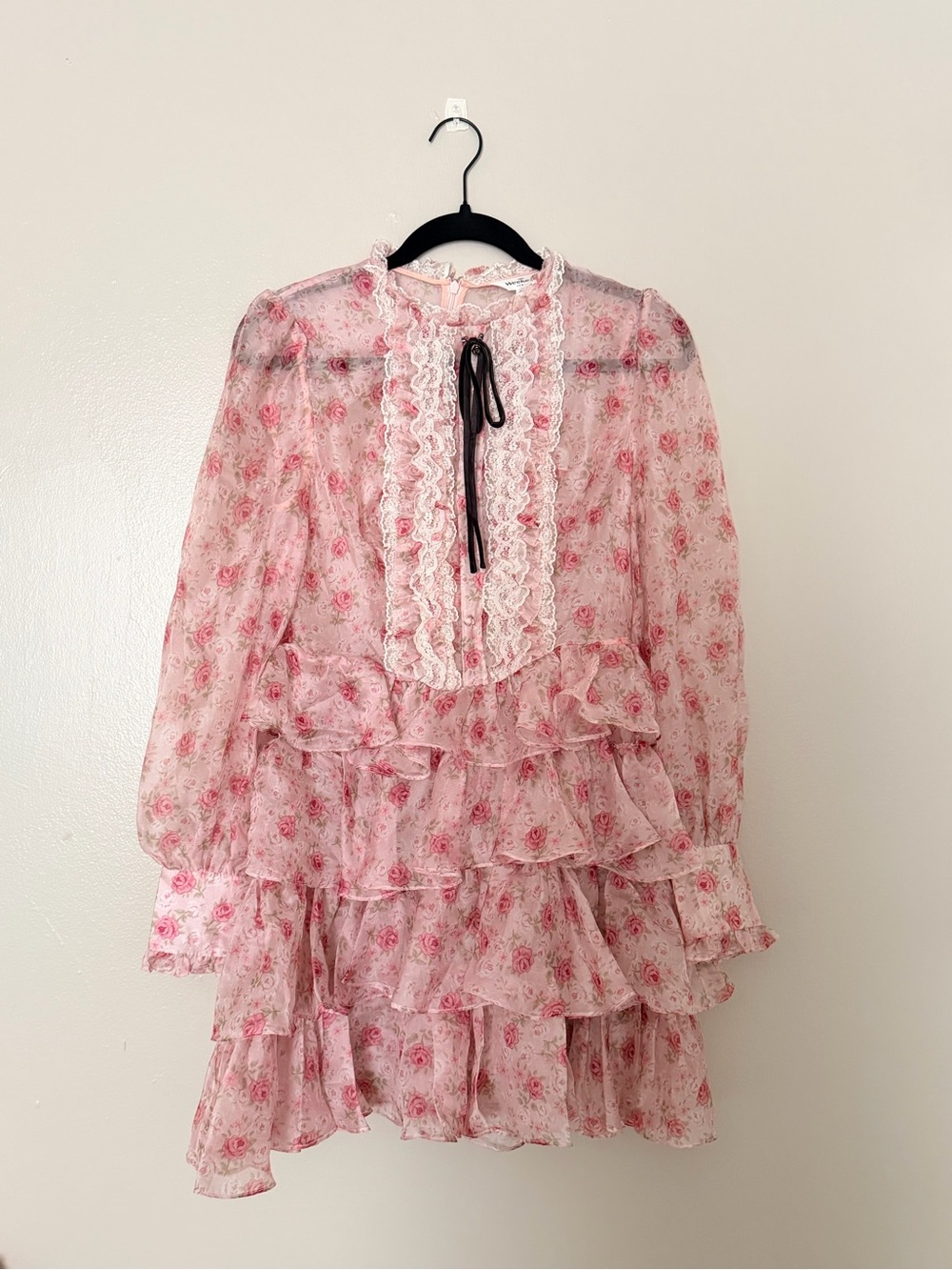 Jorya Pink Floral Ruffle Dress with Lace Bib